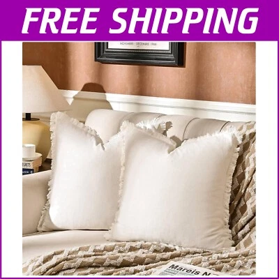 Elegant Fringed Off White Pillow Covers - 20x20 Rustic Cotton for Home & Office - Image 1 of 4