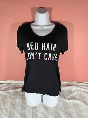 Victoria Secret PINK Womens Black "Bed Hair Don't Care" Sleepwear Tee Size XS - Image 1 of 4