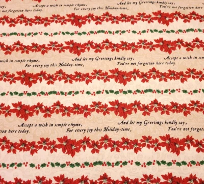 6 yds Greetings Kaye England Wilmington Christmas Red Poinsettia Word Stripe - Image 1 of 3