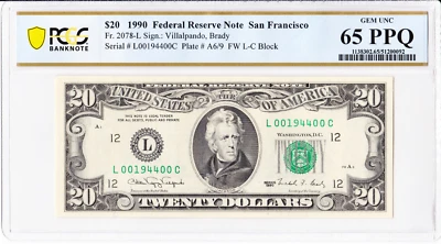 1990 $20 Federal Reserve Note Fr. 2078-L - PCGS 65 PPQ - Bookend Birthday Serial - Image 1 of 2