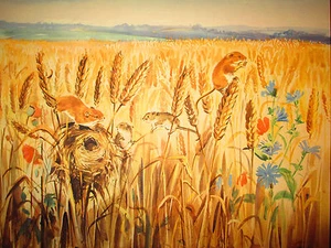 The Family in the Corn Field Large watercolor print *SIGNED* 21 x 17 BEAUTIFUL! - Picture 1 of 7