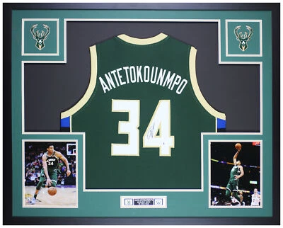 Giannis Antetokounmpo Autographed & Framed Green Bucks Jersey Auto Beckett COA - Image 1 of 4