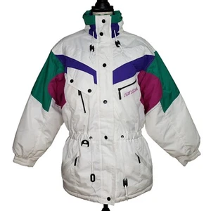 Vintage Nevica Ski Jacket Women's 10 Full Zip & Snap White Green Colorblock Hood - Picture 1 of 9