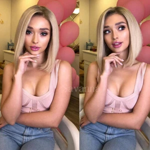 Heat Resistant Brown Blonde Ombre Synthetic Lace Front Wigs Short bob Natural - Picture 1 of 6