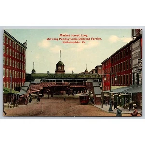 Postcard Vintage Market Street Loop Pennsylvania Railroad Ferries Philadelphia - Picture 1 of 2