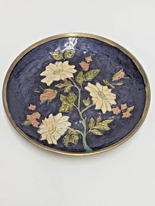 Vintage massive Messing Platte Pier 1 handbemalt Blumen dunkelblau pfirsich grün - Bild 1 von 2