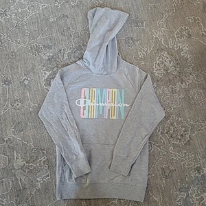 Champion Sweatshirt Hoodie Pullover Logo Pocket Girl's Grey Blue Size L, EUC - Picture 1 of 4