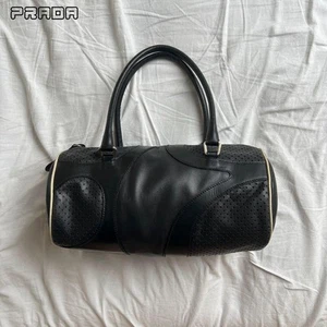 PRADA Mini Boston Bag Black Leather Bowling Handbag Punch Design USED 510E - Picture 1 of 15