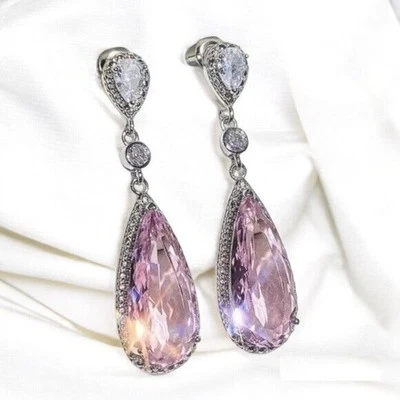 Orecchini pendenti in argento sterling 925 con zaffiro rosa da laboratorio... - Immagine 1 di 4