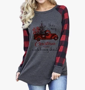 Merry Christmas T Shirt for Women Baseball Long Sleeve Raglan White Plaid Tee - Picture 1 of 6