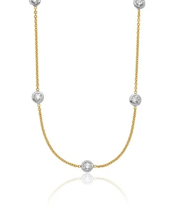 18K Solid Two Tone Gold Lab Diamond Stations Solitaire Chain Necklace - Picture 1 of 15