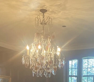 Huge 10 Lt Antique French Brass Chandelier Hanging Crystal Glass 1950 - Image 1 of 4