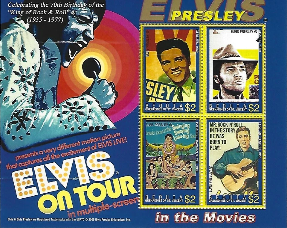 Elvis Presley $2 Bequia St Vincent Grenadines Souvenir Stamp Sheet 4 Stamps Tour - Image 1 of 4