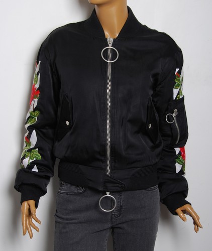 OFF WHITE Giacca casual BIANCA SPORCA Donna Nero Bomber 100% Viscosa Floreale Ricamo Taglia S