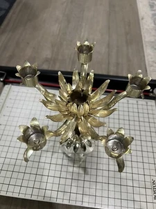 Vintage Lotus Flower Candelabra 5 Arm Candlestick Holder Metal w Clear Ball Base - Picture 1 of 10