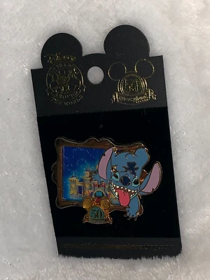 New Disney Disneyland 50th Stitch Sleeping Beauty Castle Pic In Gold Frame Pin - Image 1 of 4