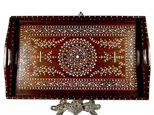 Antique C1910 Hoshiarpur North India Inlaid Bone Ebony Shisham Twin Handled Tray - Picture 1 of 10