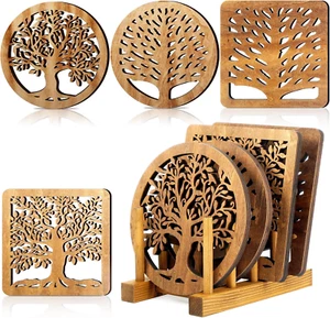5 Pcs Life Tree Wooden Trivets with Storage Rack Hot Pads Trivets for Hot Dishes - Picture 1 of 6