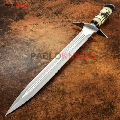 Cuchillo de daga de caza de alto pulido de acero J2 hecho a mano personalizado de 18" mango de asta de ciervo Foto 1 de 3