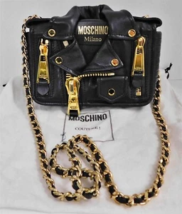 Moschino Couture Schwarz Leder Biker Crossbody Kette Gürteltasche Italy Aktuell - Bild 1 von 9