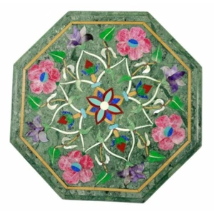 18" Green Marble Table  Semi Precious Stone With Wooden Base - Picture 1 of 12