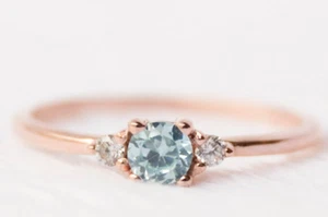 Three Stone Round Cut 0.50CT Aqua & 0.08CT White Moissanites 10K Rose Gold Ring - Picture 1 of 6