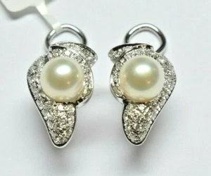 Ohrringe 14 Karat massiv Weißgold 7,5-8 mm Perle und 1,28 TCW natürlicher Diamant - Bild 1 von 6