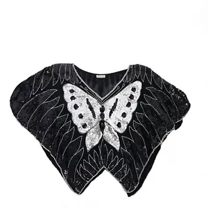 Vintage 80er Damen Schmetterling Top Pailletten Perlen Seide schwarz silber Disco Gr? - Bild 1 von 12