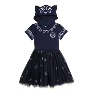 Girls Black Panther Hooded Dress with Short Sleeves - Picture 1 of 3