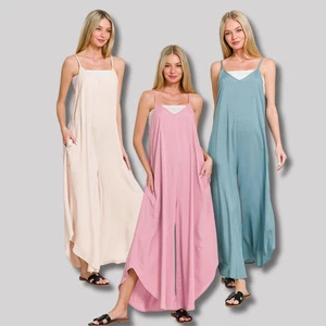 Damen Wide Flare Challis Jumpsuit ärmellos weich seidig fließend lockere Passform Hose - Bild 1 von 8