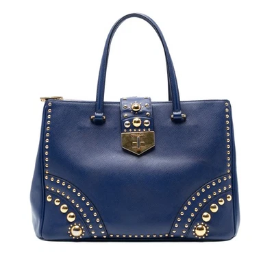 Bolso de Mano Autenticado Prada Saffiano Turnlock Doble Cremallera Tachonado Azul Foto 1 de 4