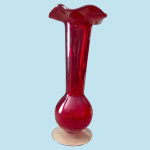 Vintage Ruby Red Glass Bud Vase 8" Ruffled Top Hand Blown Cranberry Style - Picture 1 of 6