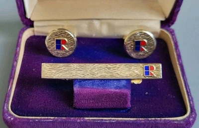 Vintage Gold over Sterling Silver Enamel Letter R Cufflinks Tie Clip Boxed Set - Image 1 of 4