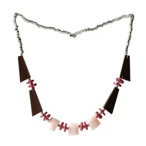 Vintage Deco necklace Czech satin brown pendant glass beads wood flower beads - Picture 1 of 3