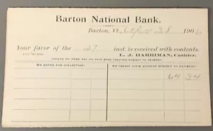 # H560 BARTON, VT. POSTAL, BARTON NATIONAL BANK - Imagen 1 de 2
