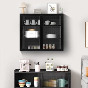 27.56" Modern Black Two-Door Wall Cabinet with Glass Doors - 3-Tier Storage - Picture 1 of 12