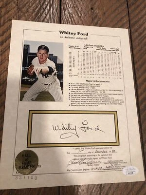 Whitey Ford Autographed 8x10 Stat Sheet HoF - JSA Pristine! Yankees - Image 1 of 4