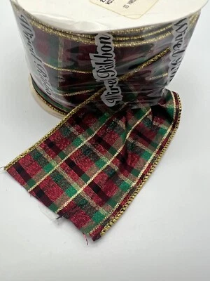 2.5/8"x15" Yards Lion Ribbon Co.  Burgundy, Green, Gold Checked Wired Ribbon - Image 1 of 4