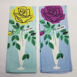 2 Vtg Tea Towels Rose Varieties Ivan Bartlett MCM Linen Blue Green Purple - Picture 1 of 5