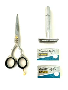 4pcs Men's Old Fashion Safety Razor PLUS Professional Scissors Shaving Grooming - Picture 1 of 2