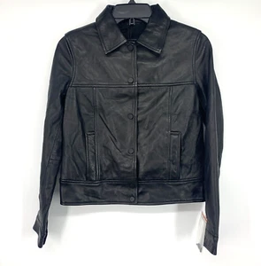 Zara Jacke Damen Größe Small schwarz 100 % Schafsleder Moto Knopf Druckknopf Neu mit Etikett - Bild 1 von 11