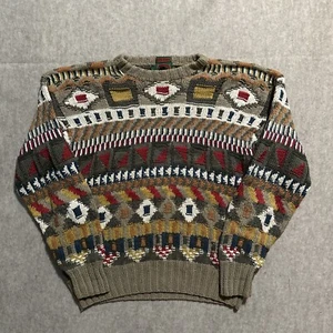 VTG Boston Traders Hand Knit Sweater Tan Multi Large Dad Geometric Aztec - Picture 1 of 13