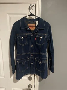 Levis Womens Type 1 Iconic Jacket LARGE LONG Dark Blue Denim RARE blank red tag - Picture 1 of 6