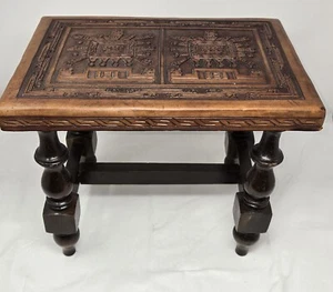VINTAGE ANGEL PAZMINO TOOLED LEATHER TOP AZTEC INCA SUN WOOD SIDE TABLE STOOL - Picture 1 of 9