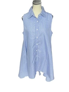 Womens Blue & White Gingham Sleeveless Button-Up Tunic Dress High Low Hem - Picture 1 of 5