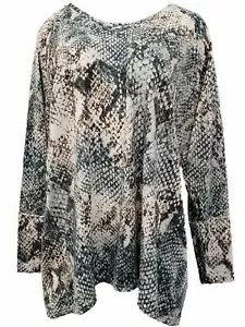 Womens Plus Green Beige Brown Print Long Sleeve Soft V Neck Tee Shirt Top - Picture 1 of 2
