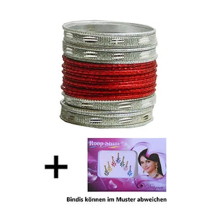 24 Armreifen Sunflower Bollywood Bangles rot silber 7cm mit Bindis Indien - Picture 1 of 1