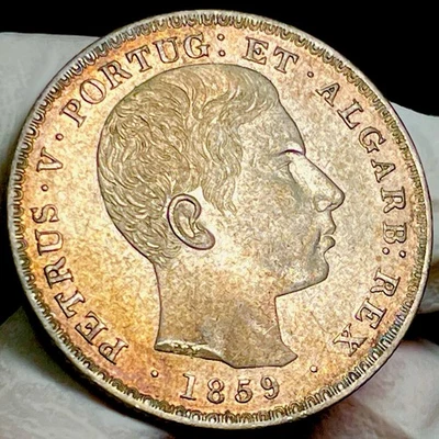 🇵🇹 Portugal Rey Pedro V 500 Reis Plata 1859 Oro Arco Iris Tonificación UNC Foto 1 de 4