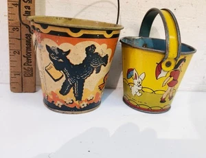 2 Old Tin Litho Small Pails Ohio Art + Happynak Seaside No. 4 - Picture 1 of 6