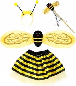 Kids Bumble Bee Costume Set 4 Pieces Kit Wings Antenna Headband Tutu Skirt Wand - Picture 1 of 1